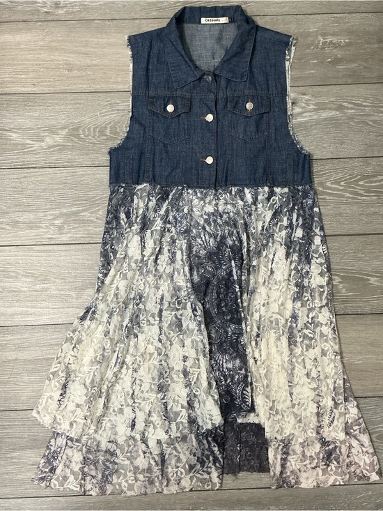 Origami Tops - ORIGAMI by Vivian Denim and Lace Button Up Tunic Vest Duster Boho Chic L/XL